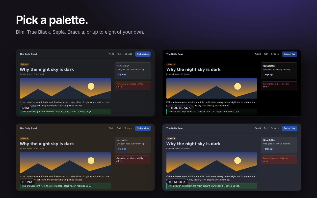 The same page in four palettes: Dim, True Black, Sepia and Dracula