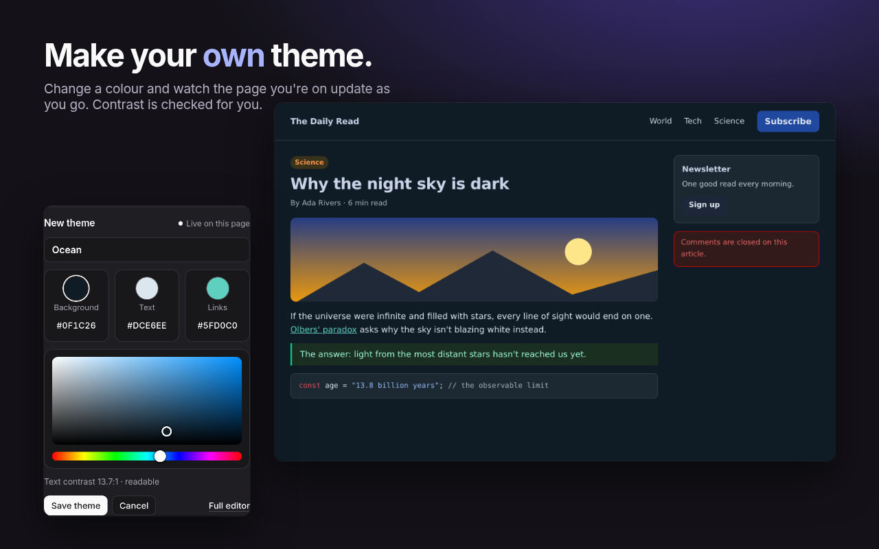 Making a theme in the Dusk popup while the page updates live